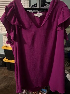 Umgee Fuchsia Ruffle Sleeve V-Neck Blouse